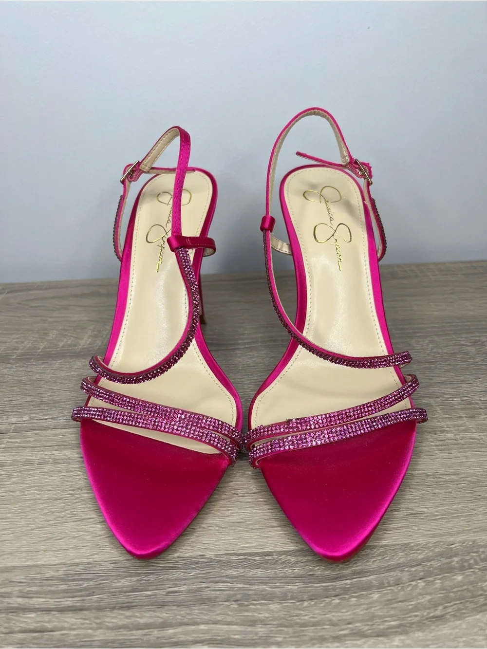 Jessica Simpson Pink Satin Rhinestone Strappy Heels Sz 10 Slingback Sandals 4.5”